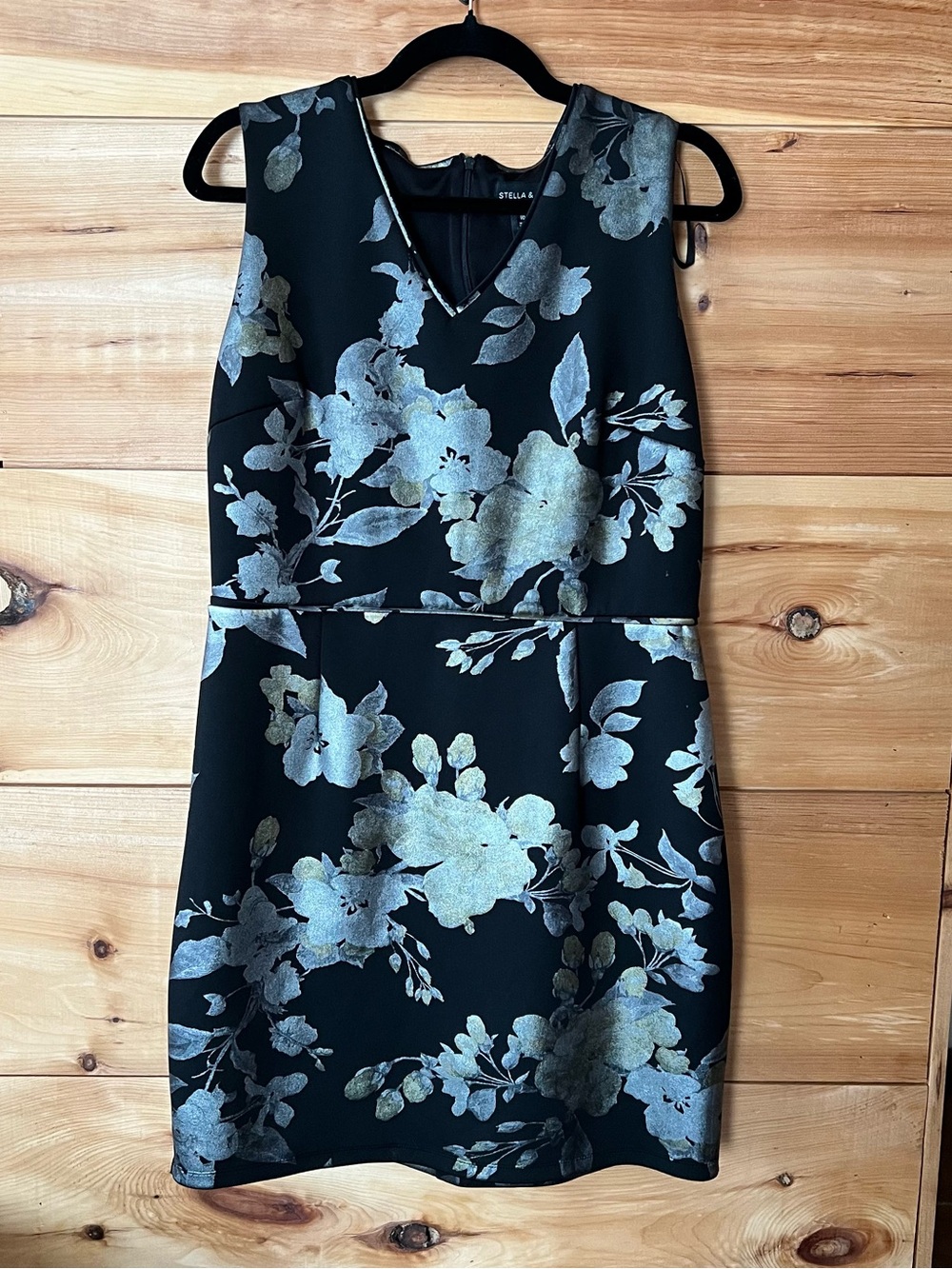 Stella & Julie Black Midi Dress w/ Silver & Gold Floral Print Elegant Evening